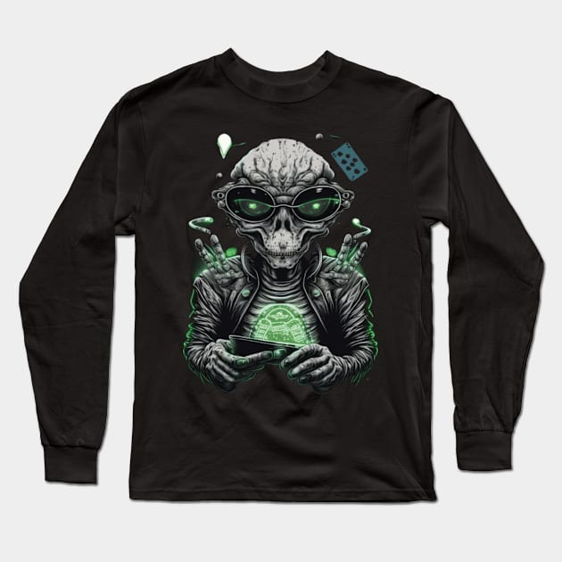 Funny Alien Digital Artwork - Birthday Gift Ideas For Poker Player Long Sleeve T-Shirt by Pezzolano